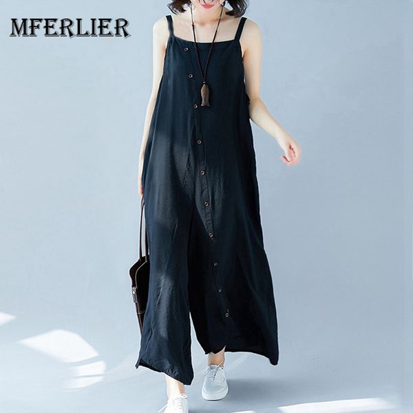 mferlier summer women jumpsuit with oblique button spaghetti strap loose cotton linen ankle length overalls, Black;white
mferlier summer women jumpsuit with oblique button spaghetti strap loose cotton linen ankle length overalls, Black;white