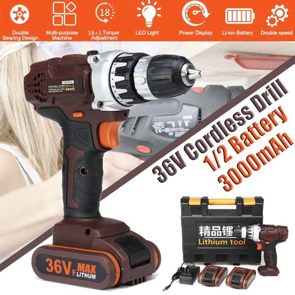 

36v electric cordless drill 18+1 clutches wireless electric drill 3000mah with 1/2 li-ion battery home diy power tool new