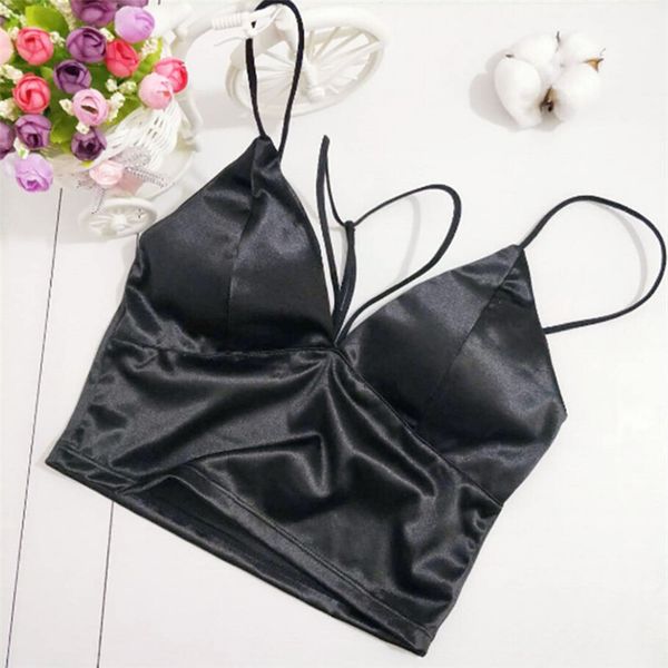 women satin strap vest camis padded bra black wrap chest crop underwear, White
women satin strap vest camis padded bra black wrap chest crop underwear, White