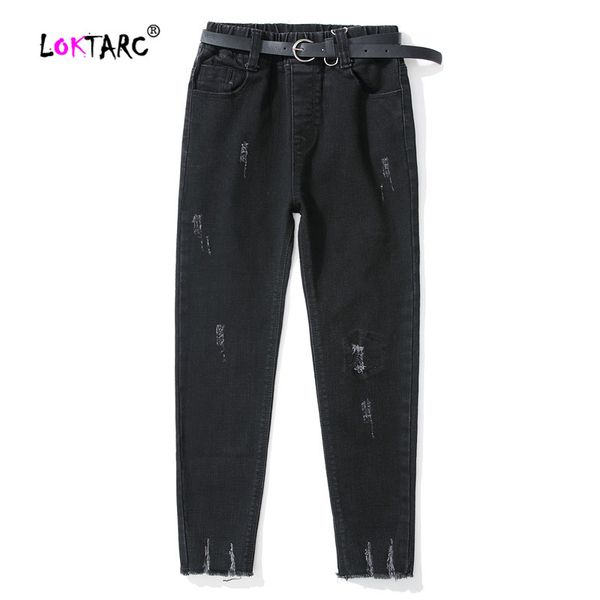 

loktarc children's jeans ripped solid color boys jeans distressed elastic waist denim pants slim fit teen modis for boys, Blue