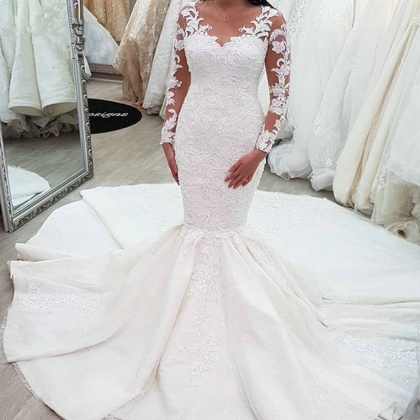 classic scoop neck long sleeve satin wedding dresses lace appliques with pearls chapel wedding gown sweep train country bridal dress, White
classic scoop neck long sleeve satin wedding dresses lace appliques with pearls chapel wedding gown sweep train country bridal dress, White