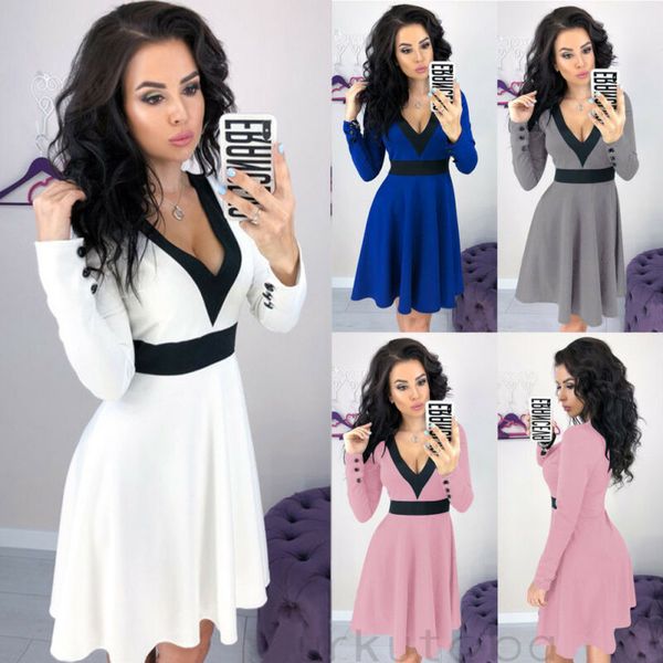 Womens V Neck Party Cocktail Mini Dress Ladies Winter Long Sleeve Skater Dresses