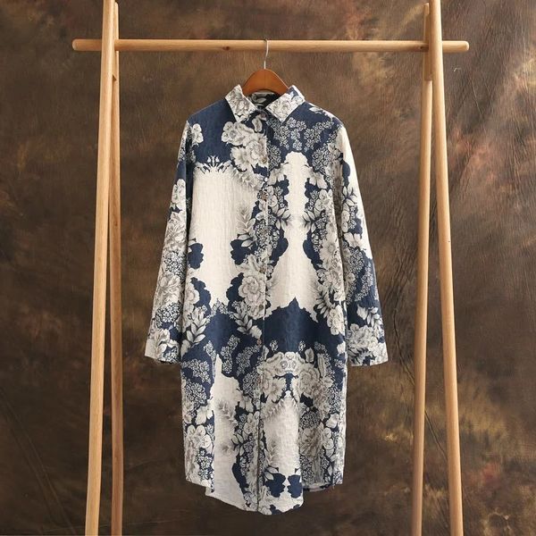 ink printing cotton and linen long shirt for women clothing loose retro style single breasted full sleeve floral blouse femme, White
ink printing cotton and linen long shirt for women clothing loose retro style single breasted full sleeve floral blouse femme, White