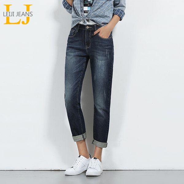 

leijijeans spring plus size moustache effect ripped bleached mid waist full length women straight stretch jeans 5640, Blue