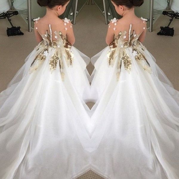 pretty appliques sequins ball gown organza long train flower girls dresses for wedding party pageant custom made, White;blue 
pretty appliques sequins ball gown organza long train flower girls dresses for wedding party pageant custom made, White;blue