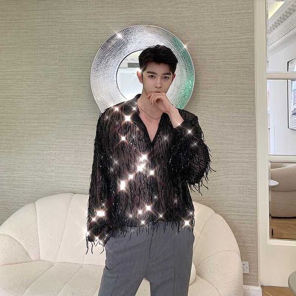 2020 summer nightclub dj singer shiny sequin shirts male fashion bling tassel long sleeve shirt stage costume, White;black
2020 summer nightclub dj singer shiny sequin shirts male fashion bling tassel long sleeve shirt stage costume, White;black