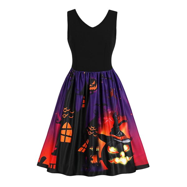 women's halloween sleeveless v neck pumpkins evening costume swing dress, White;black
women's halloween sleeveless v neck pumpkins evening costume swing dress, White;black