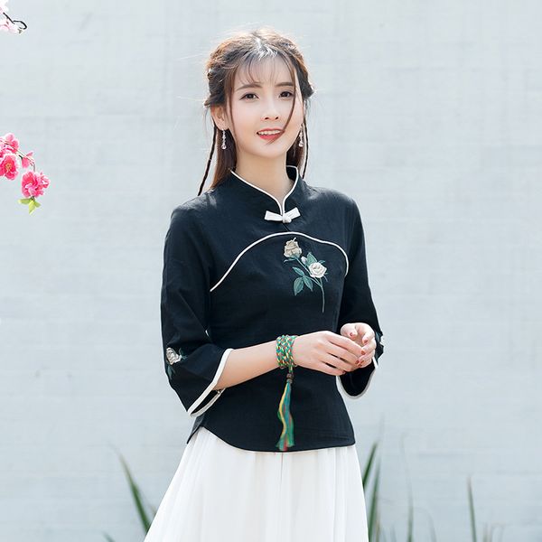 women's chinese style 2018 summer stand collar plate buckle embroidered blouse cotton linen three quarter sleeve tang suit top, Red
women's chinese style 2018 summer stand collar plate buckle embroidered blouse cotton linen three quarter sleeve tang suit top, Red