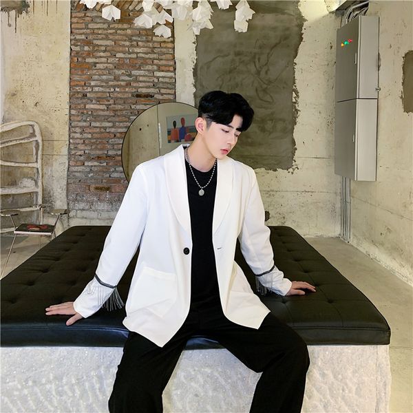 men stage show clothes metal tassel back slit casual suit coat outerwear male streetwear hip hop punk blazer jacket overcoat, White;black
men stage show clothes metal tassel back slit casual suit coat outerwear male streetwear hip hop punk blazer jacket overcoat, White;black