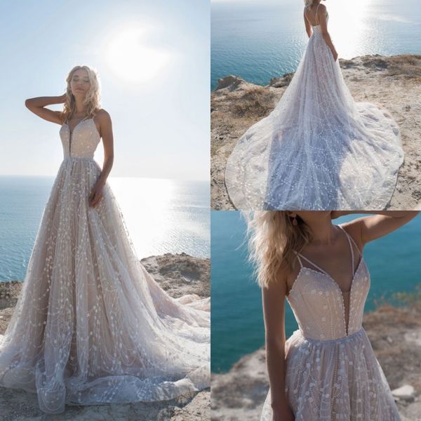 a line beach wedding dresses spaghetti neck sleeveless appliques lace up tulle wedding dress court train boho bridal gowns, White
a line beach wedding dresses spaghetti neck sleeveless appliques lace up tulle wedding dress court train boho bridal gowns, White