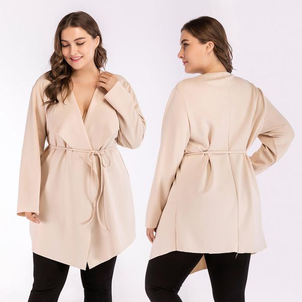 

2019 autumn and winter new women coat casual solid loose v-neck lace up long sleeve asymmetrical plus size xl-4xl trench, Tan;black