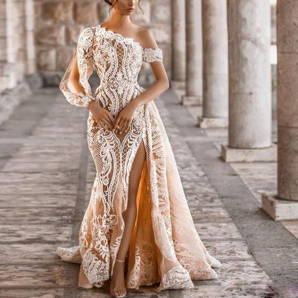 exquisite lace wedding dresses one shoulder a-line high split bridal gowns vestidos de novia bohemian wedding gown robes de mariee, White
exquisite lace wedding dresses one shoulder a-line high split bridal gowns vestidos de novia bohemian wedding gown robes de mariee, White
