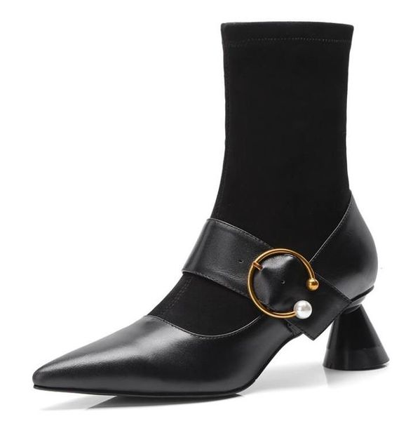 european station 2018 new pearl sox boots elastic boot short boots high heel martin naked boot, Black
european station 2018 new pearl sox boots elastic boot short boots high heel martin naked boot, Black