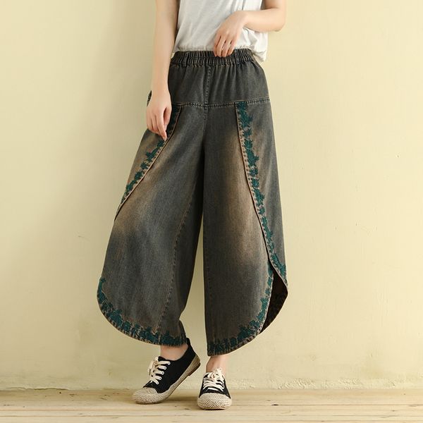 women's jeans vintage embroidery cotton washed denim pants women spring elastic waist loose oversize irregular wide leg 2021, Blue
women's jeans vintage embroidery cotton washed denim pants women spring elastic waist loose oversize irregular wide leg 2021, Blue