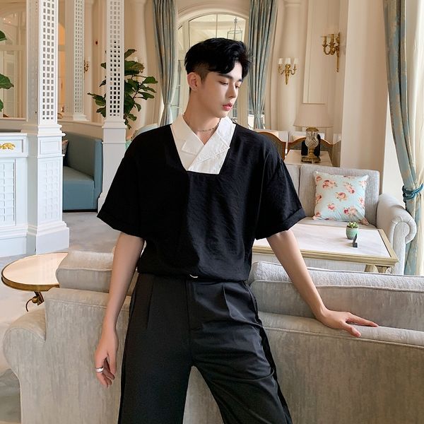 men's casual shirts men summer short sleeve v-neck spliced pullovers shirt male vintage fashion party show dress, White;black
men's casual shirts men summer short sleeve v-neck spliced pullovers shirt male vintage fashion party show dress, White;black