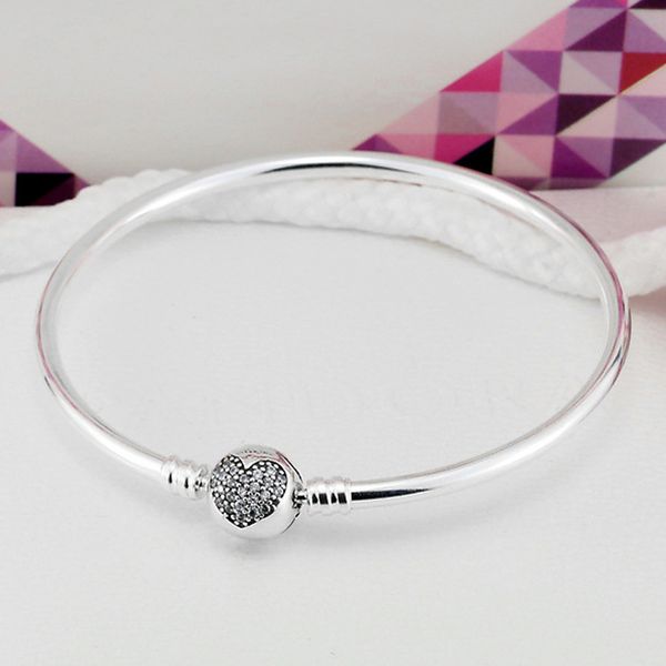 original pave heart with crystal circular clasp bangle bracelet fit 925 sterling silver bead charm bangle diy europe jewelry, Golden;silver