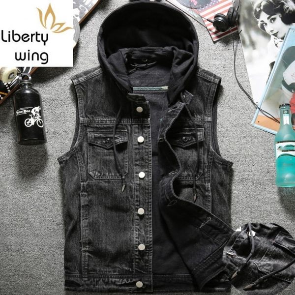 men's vests autumn mens washed denim vest jacket hoody single breasted cowboy jeans waistcoat slim fit tank plus size biker outerwear, Black;white
men's vests autumn mens washed denim vest jacket hoody single breasted cowboy jeans waistcoat slim fit tank plus size biker outerwear, Black;white