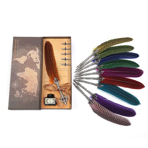 new design feather pen pearl crown + ink + coffee box stationery set stainless steel nib student writing feather pe
new design feather pen pearl crown + ink + coffee box stationery set stainless steel nib student writing feather pe