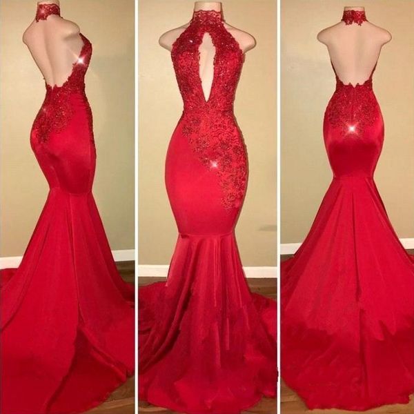 long red mermaid prom dresses deep v neck lace applique lace halter backless formal evening wear gowns custom made, Black
long red mermaid prom dresses deep v neck lace applique lace halter backless formal evening wear gowns custom made, Black
