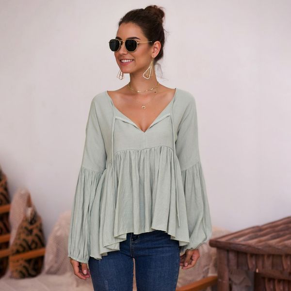 women autumn winter fashion v-neck long puffed sleeve lace-up ruffled solid color fashion, White
women autumn winter fashion v-neck long puffed sleeve lace-up ruffled solid color fashion, White