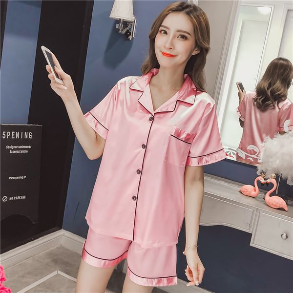 womens summer large size light smooth pajamas set solid color lapel cardigan short sleeve shorts female clothes, Black;red
womens summer large size light smooth pajamas set solid color lapel cardigan short sleeve shorts female clothes, Black;red