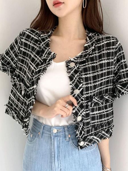 women's suits & blazers korean chic women summer 2021 retro o neck tassel casual thin short plaid coat single breasted sleeve jacket, White;black
women's suits & blazers korean chic women summer 2021 retro o neck tassel casual thin short plaid coat single breasted sleeve jacket, White;black