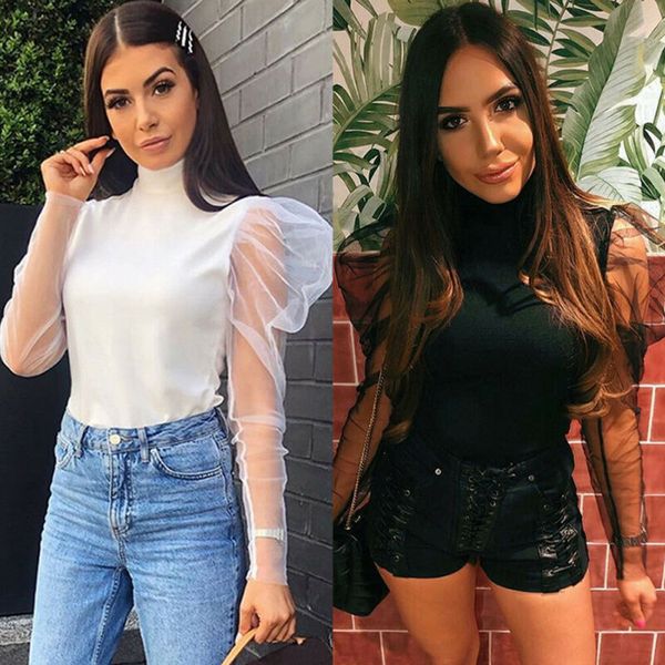 women solid puff sleeve ladies turtle neck transparent vintage elegant off shoulder see through blouse woman bluse plus size, White
women solid puff sleeve ladies turtle neck transparent vintage elegant off shoulder see through blouse woman bluse plus size, White