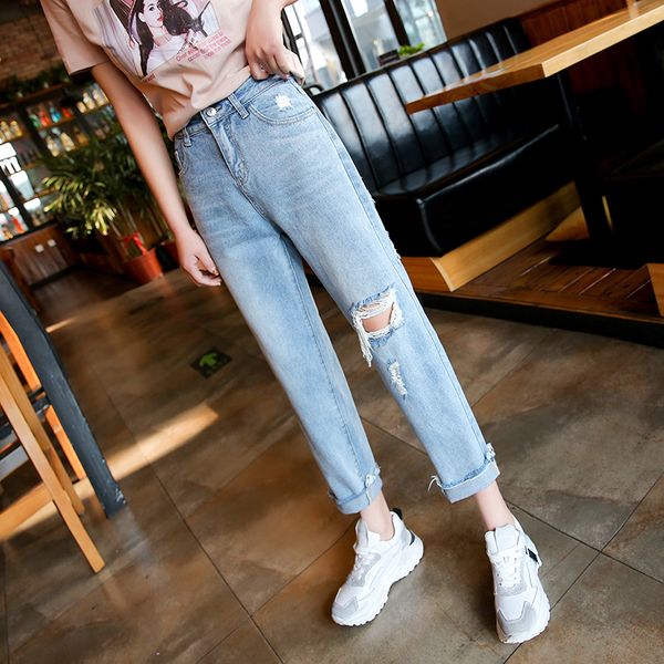 hole jeans female 2020 new easing han edition student bf radish harlan straight beggar nine minutes of pants, Blue
hole jeans female 2020 new easing han edition student bf radish harlan straight beggar nine minutes of pants, Blue