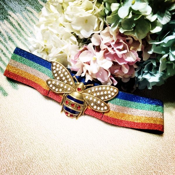 new arrival 2018 spring summer fashion women girls cute bee belt diamonds beading pearls rainbow striped knitted belts y19051803, Black;brown
