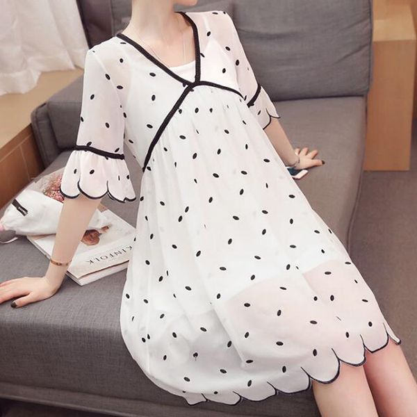 wave point embroidered chiffon maternity dress ruffles two-piece maternity clothings pregnant women loose pregnancy clothes 2020, White