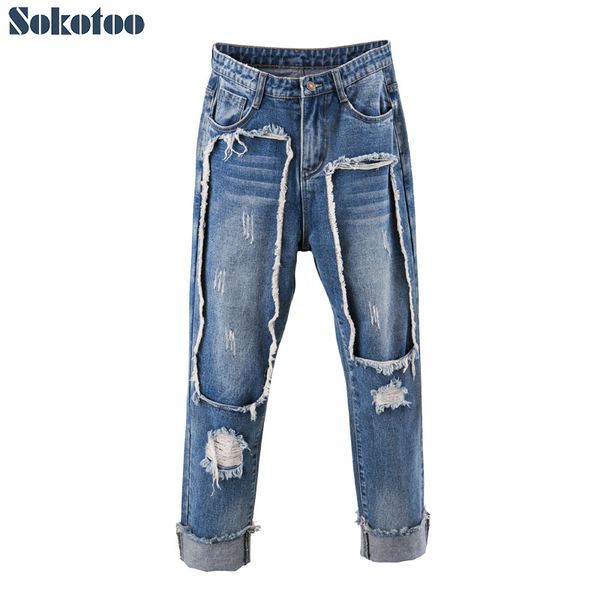 sokotoo women's vintage holes patchwork ripped jeans casual plus size distressed fringe denim pants, Blue
sokotoo women's vintage holes patchwork ripped jeans casual plus size distressed fringe denim pants, Blue