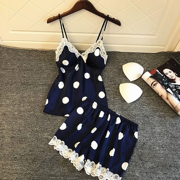 with chest pad fashion printing dot pajamas spaghetti strap lace pajama sets for women, Blue;gray
with chest pad fashion printing dot pajamas spaghetti strap lace pajama sets for women, Blue;gray