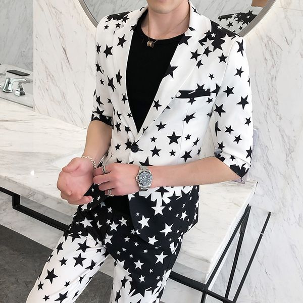 bzbfsky2020 men's summer five-pointed star print slim sleeve suit teen fashion suit two, White;black
bzbfsky2020 men's summer five-pointed star print slim sleeve suit teen fashion suit two, White;black