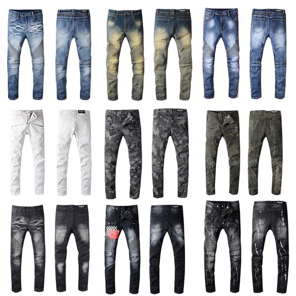 

new balmain men distressed ripped jeans fashion designer straight jeans causal denim pants streetwear style mens jeans cool, Blue
