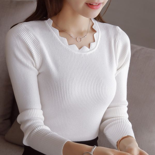 sweater women's 2019 new autumn winter korean style wave neck stretchable slim sweater women's pullover pull femme, White;black
sweater women's 2019 new autumn winter korean style wave neck stretchable slim sweater women's pullover pull femme, White;black