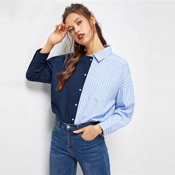 womens blouses woman neck striped print shirt spring autumn long sleeve womens and blouses stylish patchwork women blouse, White 
womens blouses woman neck striped print shirt spring autumn long sleeve womens and blouses stylish patchwork women blouse, White