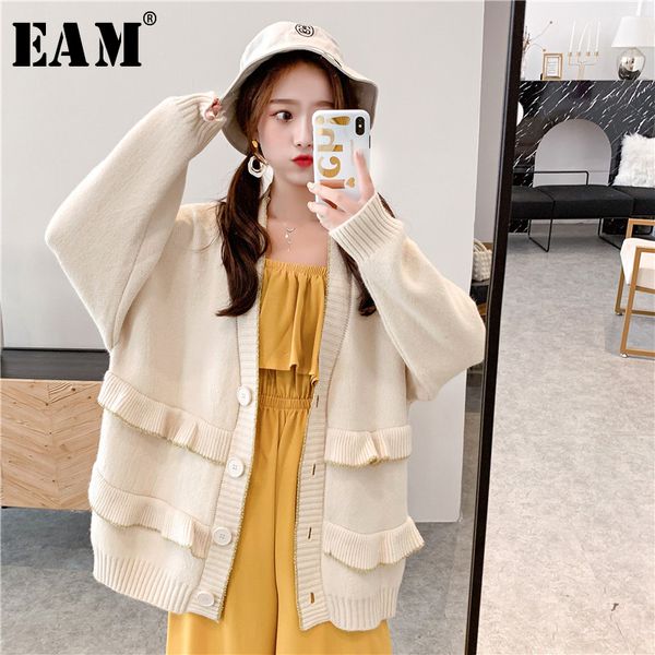 

eam] button ruffles spliced big size knitting sweater loose fit v-neck long sleeve women new fashion autumn winter 2019 jz108, White