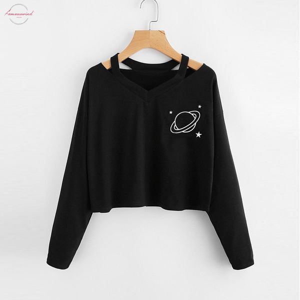 2020 black print female t shirt crop long sleeve t shirt women cute v neck tshirt female 2019, White