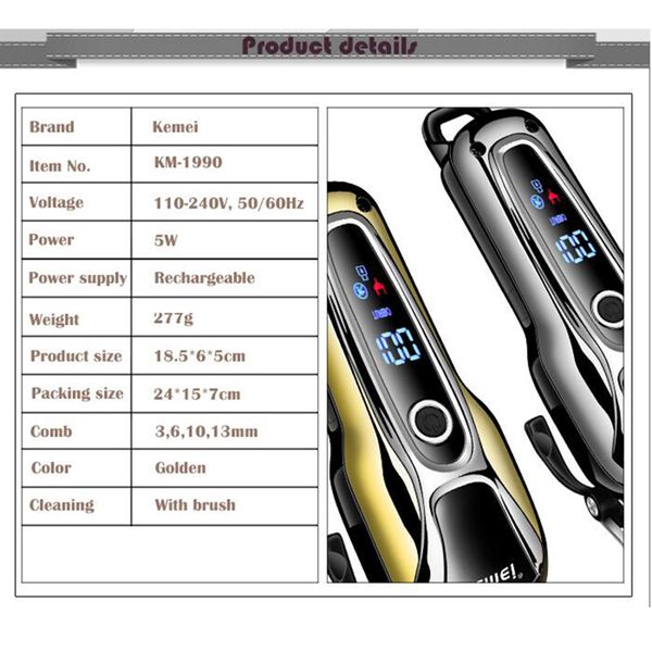 kemei electric hair trimmer km-1990 electric hair clipper oil head haircut beard trimmer adjustable blade rechargeable lcd homeindustry kpat
kemei electric hair trimmer km-1990 electric hair clipper oil head haircut beard trimmer adjustable blade rechargeable lcd homeindustry kpat