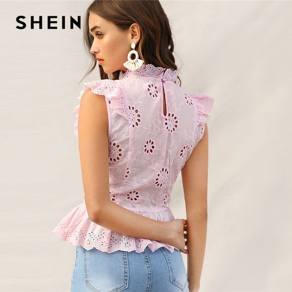 shein pink ruffle trim lace eyelet embroidered peplum sleeveless blouse women summer stand collar slim fitted boho blouses, White
shein pink ruffle trim lace eyelet embroidered peplum sleeveless blouse women summer stand collar slim fitted boho blouses, White