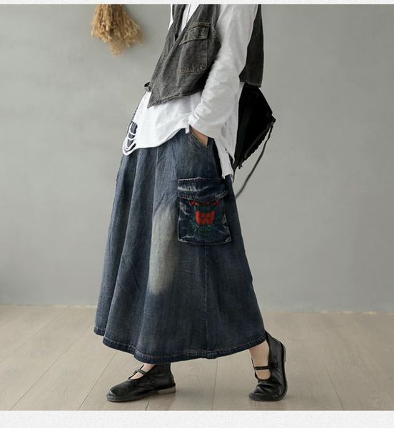 cotton denim embroidery pocket skirts women autumn retro elastic waist a-line midi skirts female oversize loose bleached big hem, Black
cotton denim embroidery pocket skirts women autumn retro elastic waist a-line midi skirts female oversize loose bleached big hem, Black