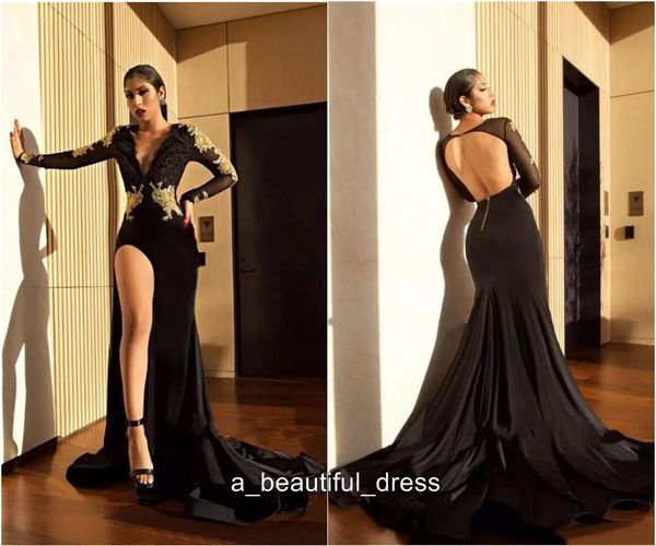 black high slit mermaid evening dresses with gold appliques long sleeves deep v neck backless formal prom party gowns arabic ed1168, Black;red
black high slit mermaid evening dresses with gold appliques long sleeves deep v neck backless formal prom party gowns arabic ed1168, Black;red