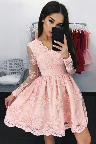 a-line v-neck see through long sleeves evening dress short with appliques vintage homecoming dresses robe de soiree, Blue;pink
a-line v-neck see through long sleeves evening dress short with appliques vintage homecoming dresses robe de soiree, Blue;pink