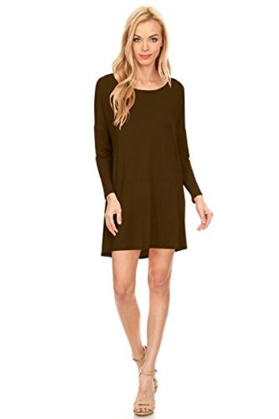 

women's basic tunic a-line casual short dress, long sleeves, round neck, made in usa, Black;gray