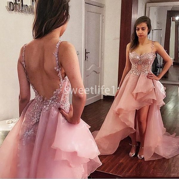 dusty pink high low appliqued prom gowns organza backless spaghetti straps formal party dress customized vestido de festa, Black
dusty pink high low appliqued prom gowns organza backless spaghetti straps formal party dress customized vestido de festa, Black