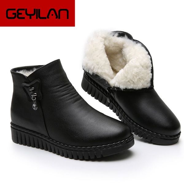 2020 women snow boots winter flat heels ankle boots women warm platform shoes leather thick fur booties, Black