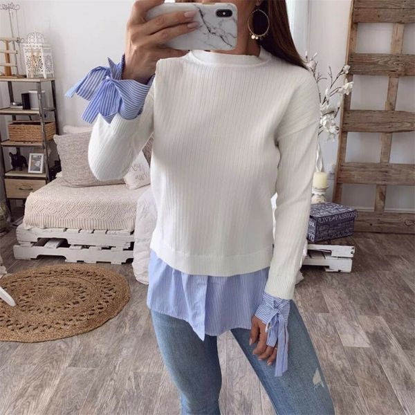 women patchwork blouse 2020 spring autumn long sleeve slim crew neck striped stretch casual tie knot shirt female clothes, White
women patchwork blouse 2020 spring autumn long sleeve slim crew neck striped stretch casual tie knot shirt female clothes, White