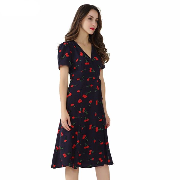 Vintage V Neck Floral Pattern Midi Wrap Dress Cherry Dress Bow Tie Cross Design Short Sleeve Retro Vestido Mujer
Vintage V Neck Floral Pattern Midi Wrap Dress Cherry Dress Bow Tie Cross Design Short Sleeve Retro Vestido Mujer
