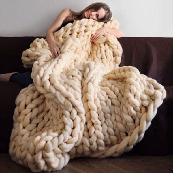 

1pc handmade chunky knitted blanket thick yarn merino wool bulky knitted blanket warm sofa bed home decor throws blankets