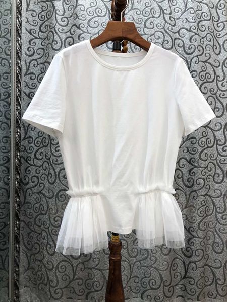 2020 early spring new women's round neck hem mesh yarn stitching lotus leaf short sleeve solid color shirt 319, White
2020 early spring new women's round neck hem mesh yarn stitching lotus leaf short sleeve solid color shirt 319, White